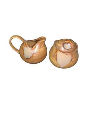 Sango Splash Creamer and Sugar bowl with lid Brown drip glaze Stoneware